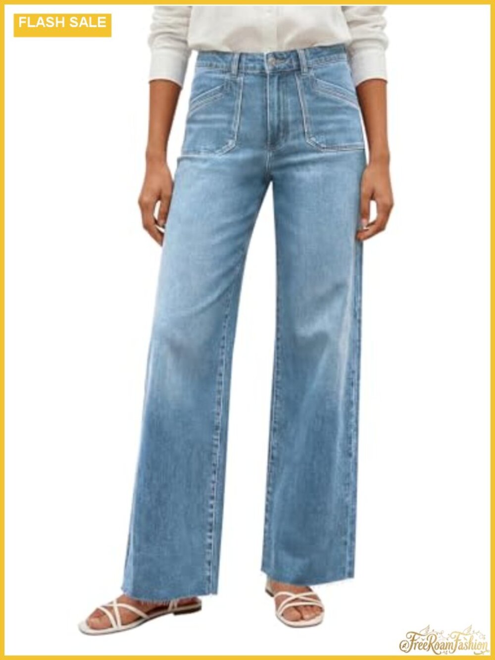 High Waisted Wide Leg Jeans Womens Stretchy Denim Pants Side Pockets